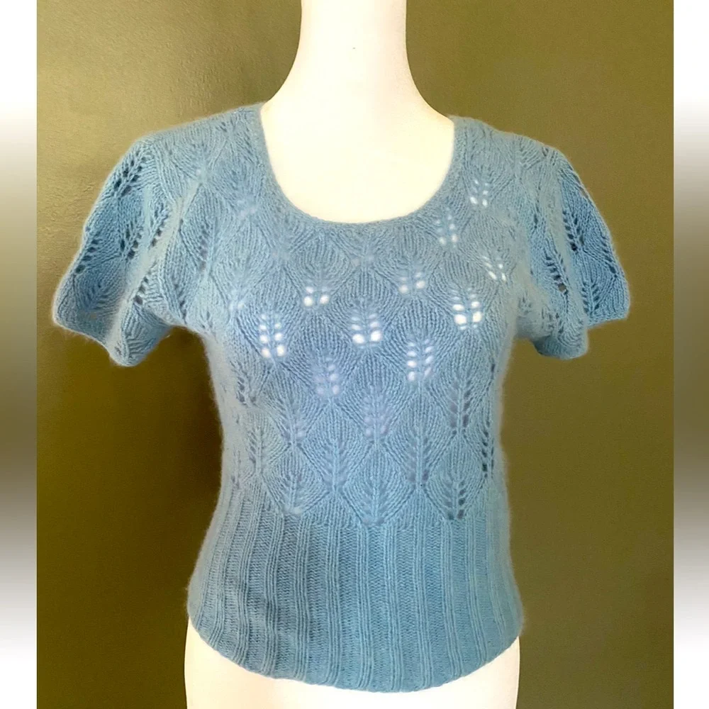 VTG 60s Blue Angora Wool Blend Short Sleeve Sweater XS S Doen Vibes - Picture 1 of 6